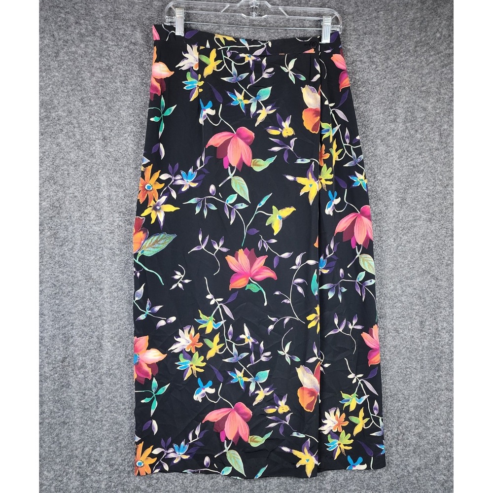 Intriguing Threads Maxi Skirt Womens 14 Black Floral High Waist Long Made in USA